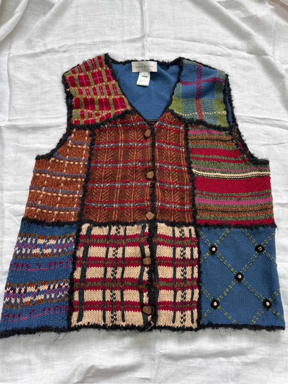 VTG Colorful Patchwork Knit Vest Granny Cottage Core, size XL